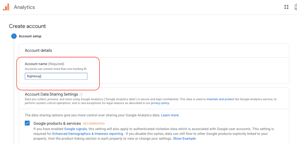 Google Analytics create account