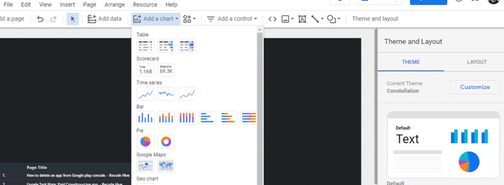 Google Data Studio report creation screen