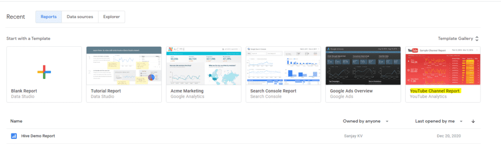 Custom youtube Analytics using Google Data Studio Recode Hive