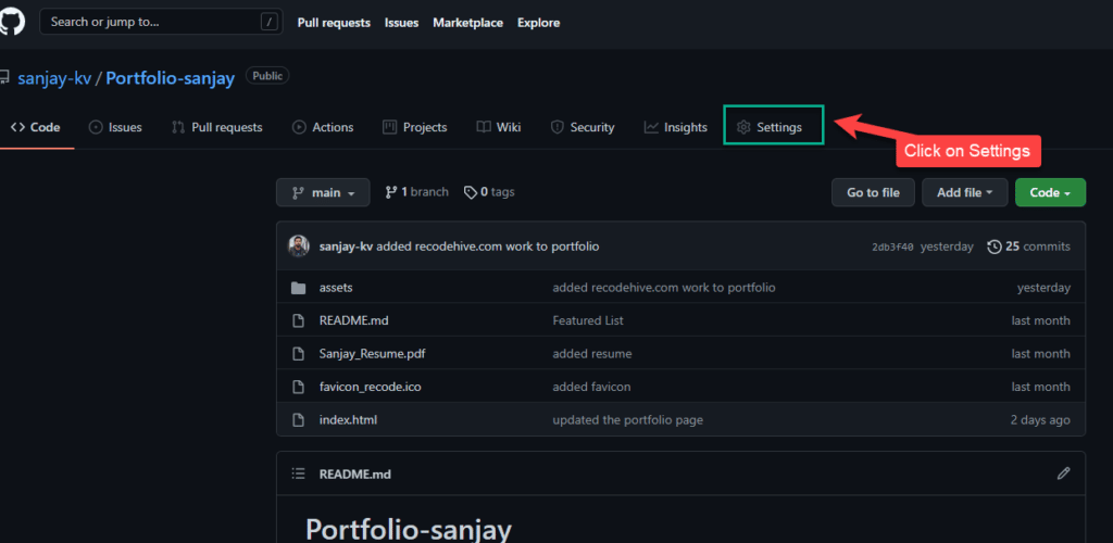 Settings in GitHub Pages