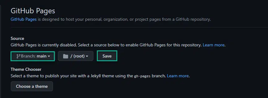 Saving the source settings on GitHub Pages.